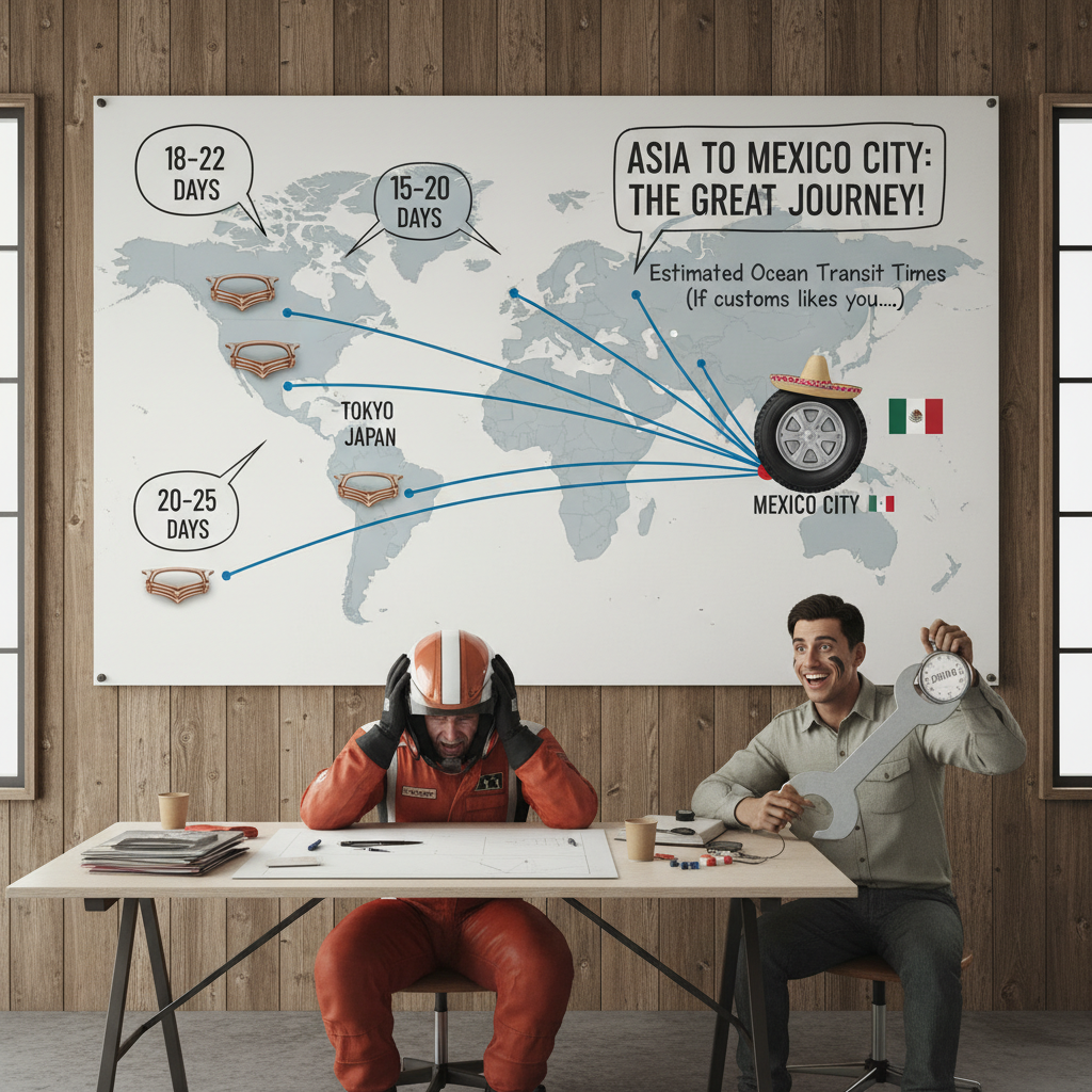 貨物從亞洲到墨西哥城的航程示意圖，顯示不同起點港口與海運時間