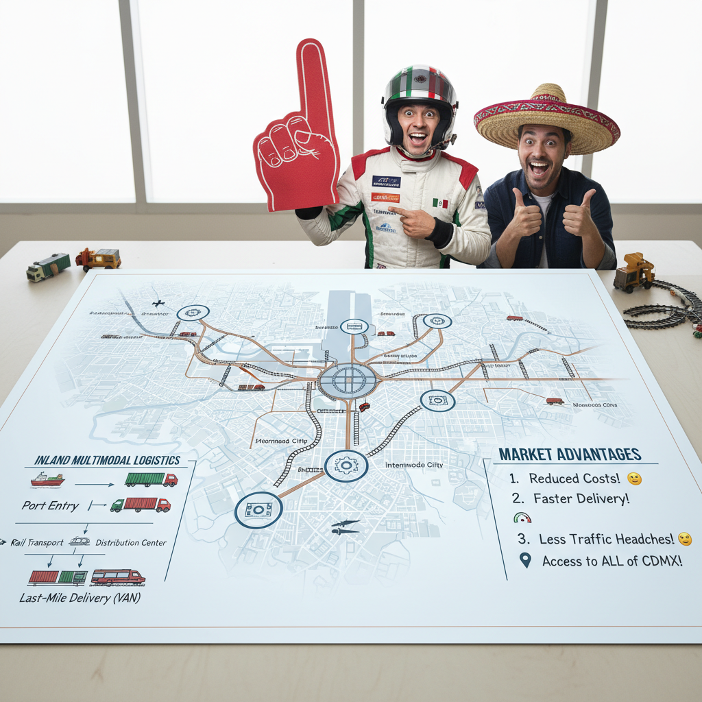 墨西哥城的物流系統圖，展示內陸物流的多式聯運與市場優勢