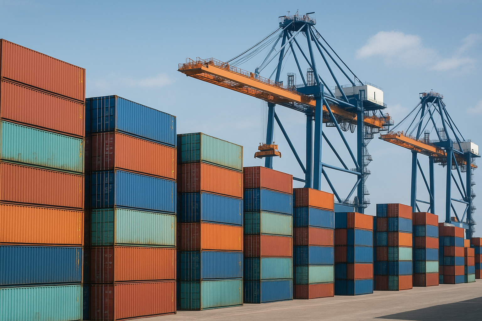 A shipping container yard filled with colorful shipping containers and cranes, representing the impact of increased tariffs on international trade and logistics.