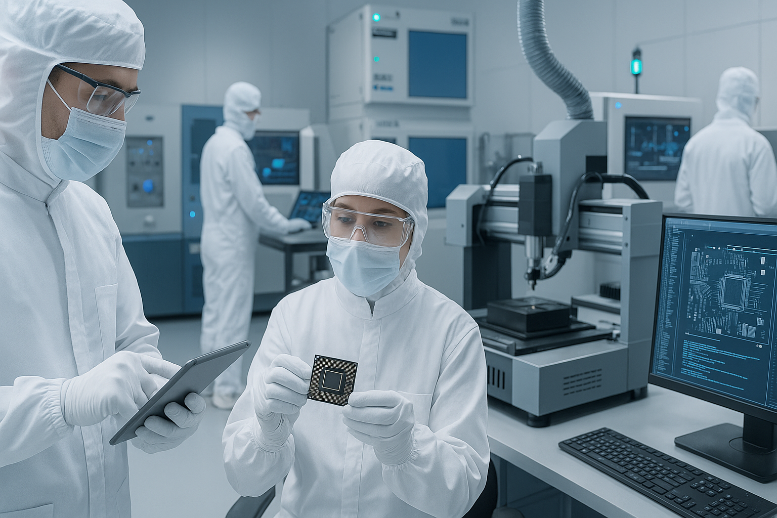 A high-tech manufacturing facility with engineers working on semiconductors and communication technology, illustrating the restrictions on technology and software exports.