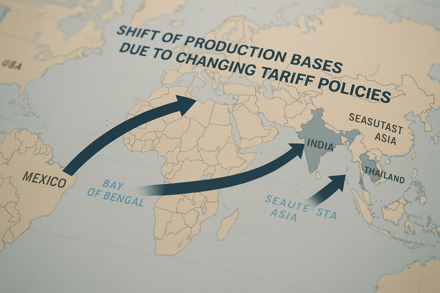 A world map highlighting Southeast Asia, India, and Mexico, with arrows showing the shift of production bases due to changing tariff policies.