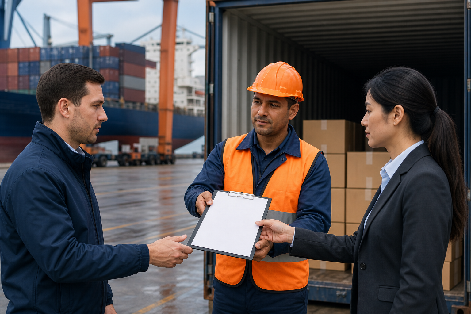 Exporter, carrier and buyer representative completing a cargo handoff at the port.