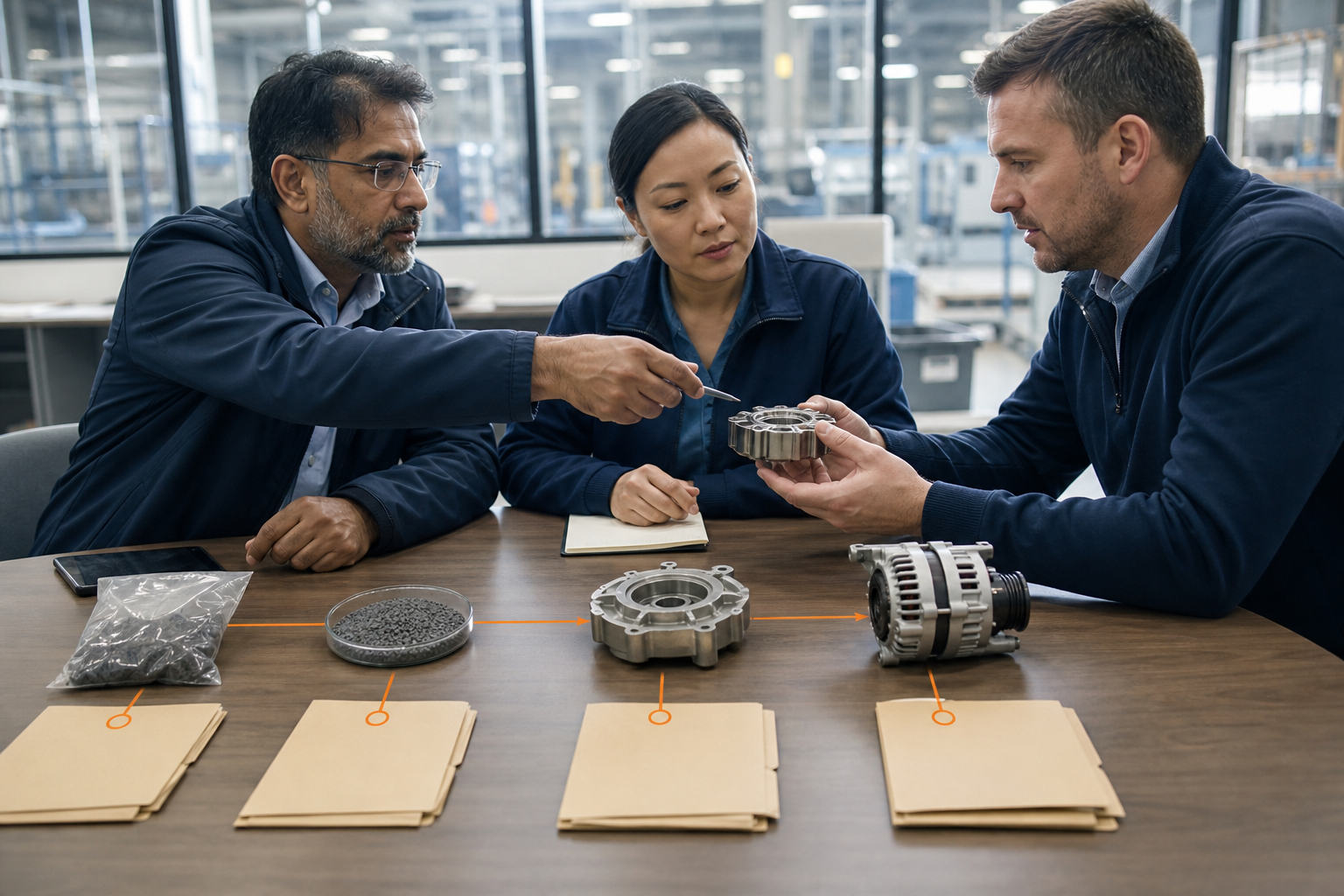 A supply-chain team traces the relationship between raw materials, processing locations, and purchase records.